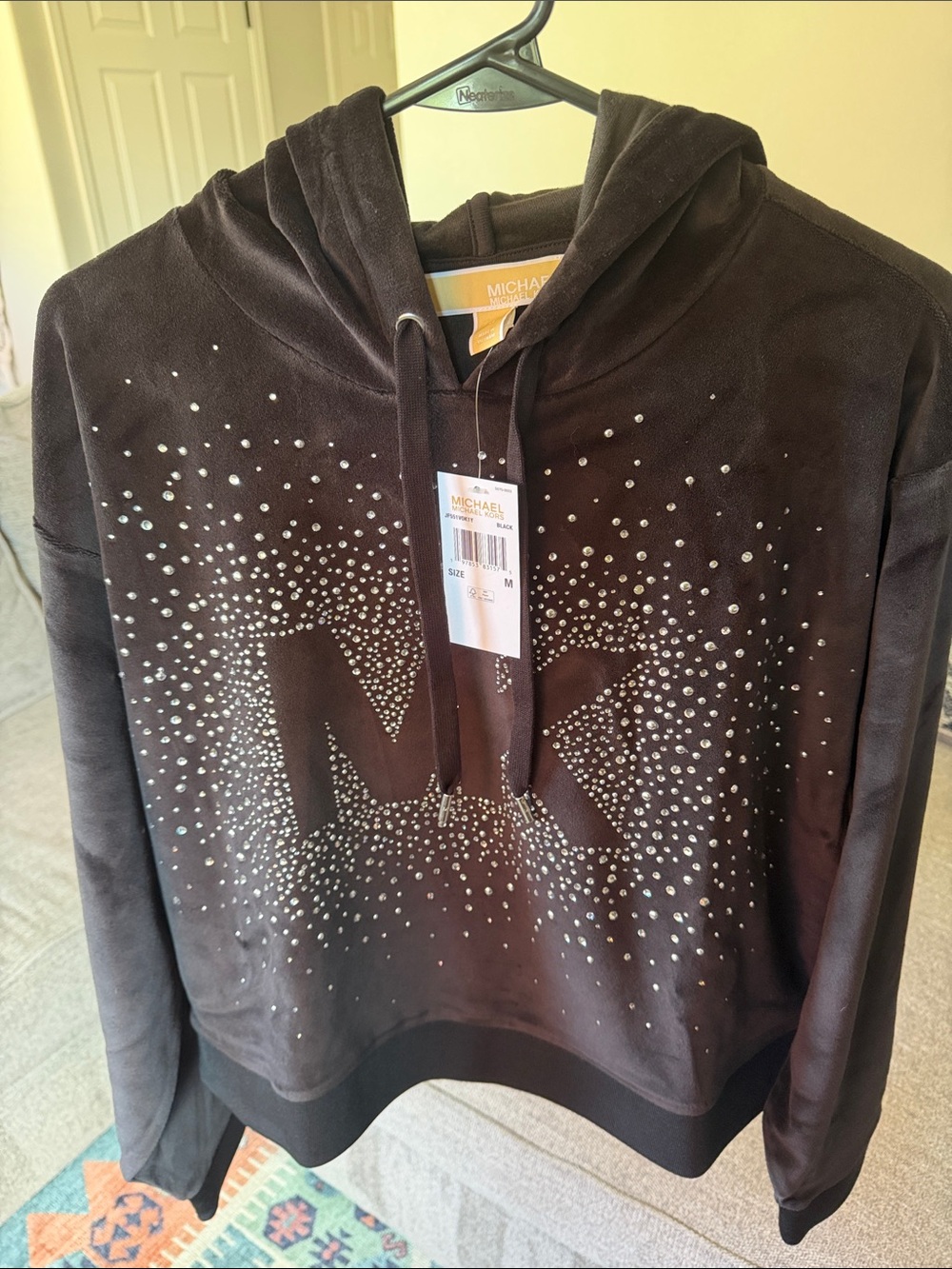 NWT Michael Kors Black Velvet Hoodie with Rhinestone MK Design Size Medium